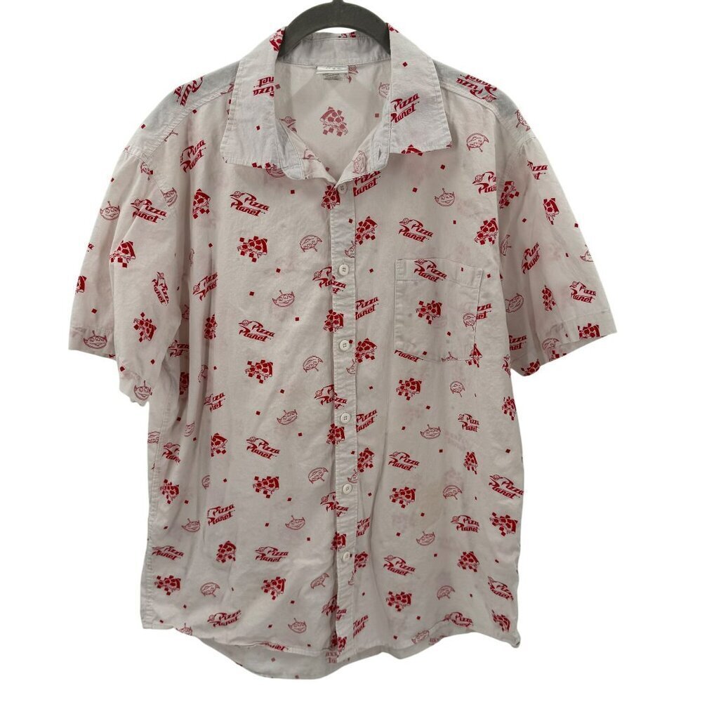 Disney Pixar Toy Story Pizza Planet Button-Up Shirt Mens L Red/White